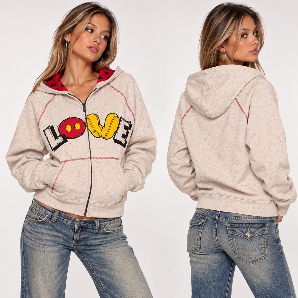 Y2K Disney LOVE Mickey Mouse lined hoodie with pocket splatter zip up jacket